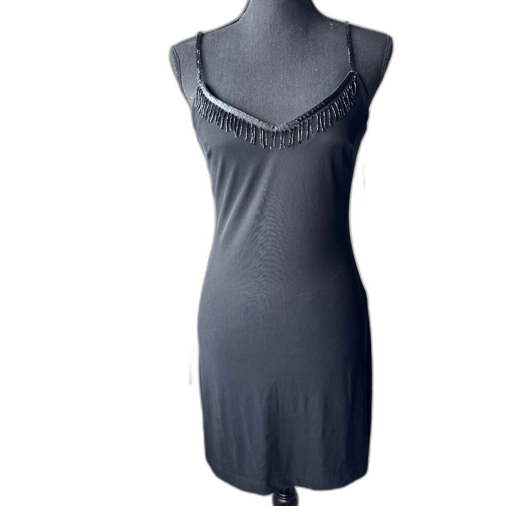 Size 7 Y2K Vintage Deadstock Rampage beaded fringe mini slip dress (10446)